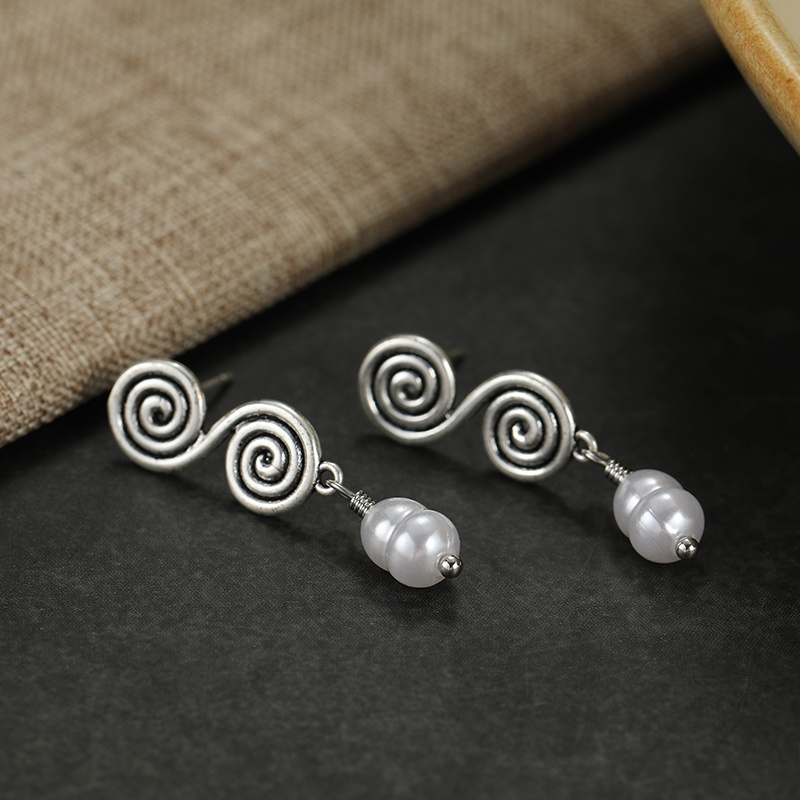 Women's Elegant Retro Double Spiral Dangle Earrings, Bohemian Style